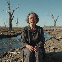 65-year-old Gaia, crying one single tear, facing the camera and sitting on a dried up river in a desolate land, dead trees, blue sky, hot and sunny, highly-detailed, elegant, dramatic lighting, artstation, 4k, cinematic landscape, photograph by Elisabeth Gadd