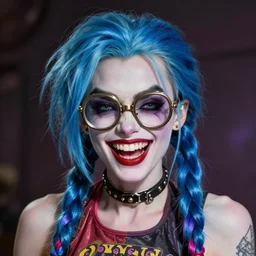 jinx : evil audrey hepburn as harley quinn braids, double long braids blue, no makeup, tane skin, blue hairs, insane crazy laugh, big brown steampunk googles, portrait shinkai makoto artgerm rossdraws james jean marc simonetti highly detailed intricate matte sharp focus digital painting artstation pixiv