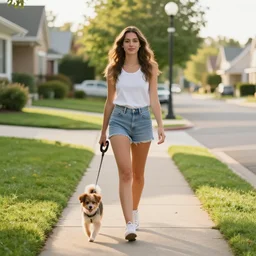 An attractive young woman walking her small dog on the sidewalk in the suburbs. Affluent neighborhood. Mid afternoon. Summer.