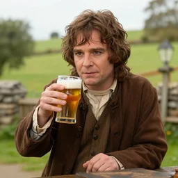 Tucker Carlson as Frodo in the shire enjoying a pint
