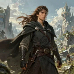 An epic fantasy comic book style portrait painting of a young man with a long brown hair, a cloak waving in the wind in front of an epic fantasy landscape, unreal 5, DAZ, hyperrealistic, octane render, cosplay, RPG portrait, dynamic lighting