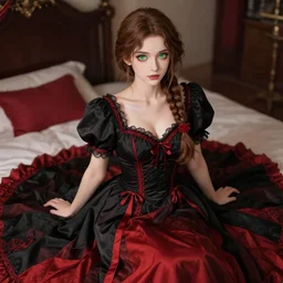 beautiful womanwith braided brown hair and green eyes, wearing an elegant dress, sitting on her bed, black and red colors, highly detailed, in the style of and ilya kuvshinov and greg rutkowski, high quality anime artstyle, intricate