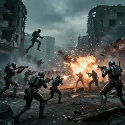 vfx film, blade runner 2 0 4 9 futuristic soldiers shoot at enemy robots futuristic war, battlefield, war zone, shootout, dilapidated city ruins, running, shooting, explosion, battlefront, leaping, flat color profile low - key lighting award winning photography arri alexa cinematography, big crowd, hyper real photorealistic cinematic beautiful, atmospheric cool colorgrade