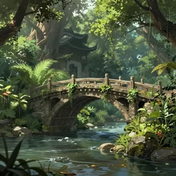 an intricate concept art illustration of an undergrowth asian river bridge, anime style, global illumination, digital art, photorealistic movie still, style ivan talavera and artgerm, hyper realistic, shallow depth of field, photorealistic, octane render, trending on artstation, cgsociety, cinematic light, 8 k