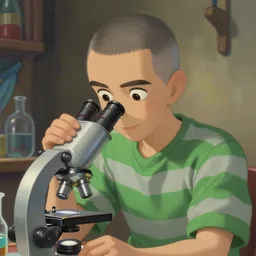An epic fantasy comic book style portrait painting of a charming and friendly young man , !!scientist using a microscope very expressive, buzz cut dark gray hair, round face, wearing a shirt with !horizontal green and gray stripes, character design by Mark Ryden and Pixar and Hayao Miyazaki, unreal 5, DAZ, hyperrealistic, octane render, cosplay, RPG portrait, dynamic lighting, intricate detail, summer vibrancy, cinematic
