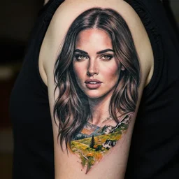 tattoo design sketch of megan fox mash up effect with beautiful mountain scenery, in the style of matteo pasqualin, amazing detail