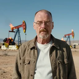 “Walter white covered in milk, in the desert, desert, Walter white, with burning oil rigs in the background, 8K”