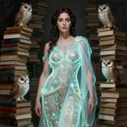 a portrait of ornella muti as the goddess minerva surrounded by stacks of books, and owls, bioluminescent gown with deep level of detail of esoteric symbols, intricate, elegant, highly detailed, digital painting, trending on artstation, concept art, smooth sharp focus, illustration, art by artgerm and greg rutkowski