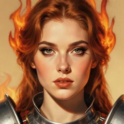 the female flame knight, closeup portrait art by donato giancola and greg rutkowski, vintage retro, realistic face, digital art, trending on artstation, symmetry!!