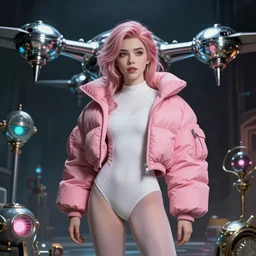 beautiful fantasy portrait, bell delphine, wearing oversized pink puffy bomber jacket and white leotard, futuristic chrome drones, ultra realistic, dramatic lighting, the fifth element artifacts, highly detailed by studio ghibli