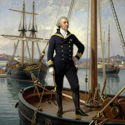 navy admiral standing on boat in marina with other boats behind her, 1 8 th century oil painting