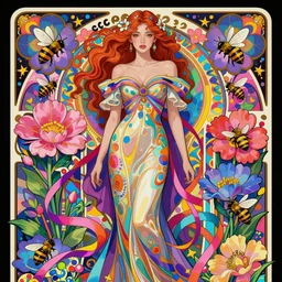 young beautiful woman, gorgeous face, vaporwave aesthetic, synthwave, colorful, psychedelic, artstation, flowers, bees, ribbons, concept art, full - body, gown, smooth, extremely sharp detail, finely tuned detail, 8 k, unreal engine 5, ultra sharp focus, illustration, art by artgerm and greg rutkowski and alphonse mucha