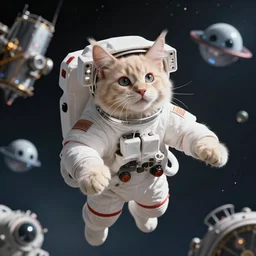3D realistic action portrait of an astronaut (cream colored maine coon kitten) floating in space at the James Web Telescope with alien spacecraft friendly cute cute cute in the background
