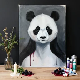 “ a portrait in a female art student ’ s apartment, sensual, a panda theme, art supplies, paint tubes, ikebana, herbs, a candle dripping white wax, black walls, squashed berries, berry juice drips, acrylic and spray paint and oilstick on canvas, surrealism, neoexpressionism ”