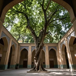 atrium persian interior architecture merged with a grand tree in dense forest, rules of third, highly detailed, 8 k