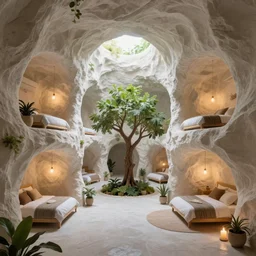 secret overwatch common area carved inside a cave, multiple bedrooms, sheltered, magical, natural light, planters, central tree, candle light, cinematic lighting, clean lines, cozy, fantasy, minimalist architecture, sharp focus, concept art, by greg rutkowski and craig mullins,, octane render 8 k