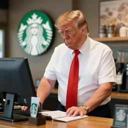 donald trump working in starbucks, reality, realistic, detailed, 8 k, award winning, wide shot,