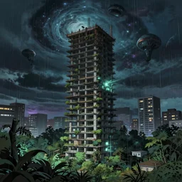 a beautiful very detailed illustration of urbex city unfinished building architecture tower nature by martin johnson heade, at night extraterrestial nightsky studio ghibli tokyo dramatic lighting anime lightpaint rainforest myst laser hyperrealism cosmic tundra, archdaily, wallpaper, highly detailed, trending on artstation.