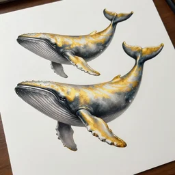 realistic tattoo design drawn on paper of whales, golden, delicate, hyper realism, 1 4 5 0, ink, ultra realistic, 8 k