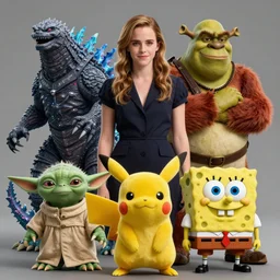 emma watson godzilla yoda donkey kong pikachu yeti shrek spongebob homer groot, highly detailed, extremely high quality, hd, 4 k, 8 k, professional photographer, 4 0 mp, lifelike, top - rated, award winning, realistic, detailed lighting, detailed shadows, sharp, no blur, edited, corrected, trending