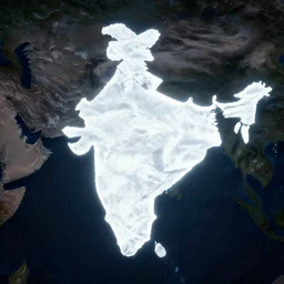 map of india, glowing with bright white light, photographed from space