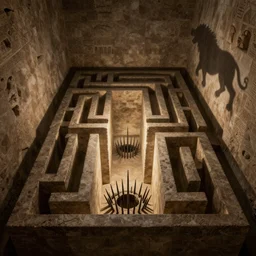a minoan labyrinth with narrow passages, shadowy light illuminates the corridors from the depth, a trap hides pointed sharp iron spikes, the shadow of a minotaur stretches on a wall, highly detailed, digital art, wide shot