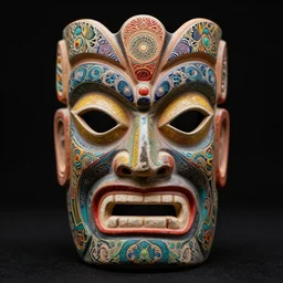 symmetrical tiki mask with eyes and mouth, black background, shaman, colorful, psychedelic trip, patterns, fine mandelbrot fractal lace, 1 5 0 mm, soft rim light, elegant, hyper real, depth of field, sharp focus, ultra detailed, octane render, giger beksinski, 1 6 k