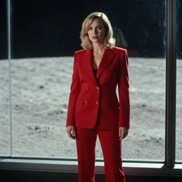 a medium full shot photograph by fred palacio depicting isla fisher in a tailored red suit standing next to a plate glass window. outside is the surface of the moon. sci fi, futuristic, cinematic, soft lighting, sci fi, bladerunner, canon eos r 3, f / 3, iso 2 0 0, 1 / 1 6 0 s, 8 k, raw, unedited