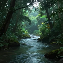 jungle glowing river, into the forest, landscape, morning ambience, cinematic, digital art, front lit, epic, cinematic, concept art