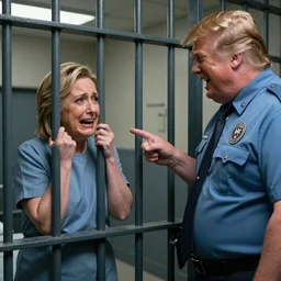 Hillary Clinton behind bars, in a prison cell, crying. Donald Trump is the prison guard and he is very fat and laughing and pointing at her.. high details, cinematic, 8k resolution, beautiful detailed, insanely intricate details