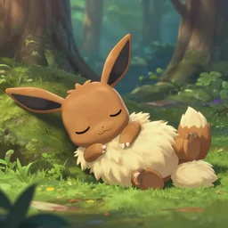 fluffy eevee as nendoroid sleeping in a forest in the croods movie style anime disney pixar 8 k hd dof kodak film volumetric lighting