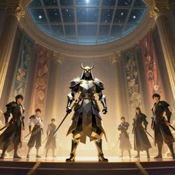 polygonal dynasty warrior on a stage with giant walls and glass ceilings showing the stars and hanging silk drapery and tapestries, light dust, magnificent, close up, details, sharp focus, elegant, highly detailed, illustration, by Jordan Grimmer and greg rutkowski and PiNe(パイネ) and 薯子Imoko and 香川悠作 and wlop and maya takamura, intricate, beautiful, Trending artstation, pixiv, digital Art