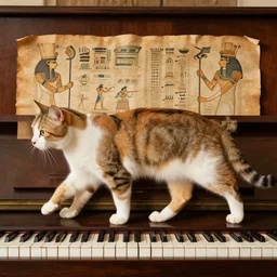 cat walking on piano, ancient egyptian papyrus by guido borelli