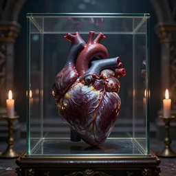 macro shot of a real human heart, inside glass box on an altar, a medieval dungeon with candles in the background, darkmagic dark magic in the air, grimdark magic ritual, 8 k, realistic render, octane render, unreal engine, style by greg rutkowski, intricate details, cinematic lighting