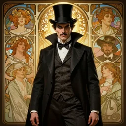 sargent, leyendecker, greg hildebrandt, highly detailed portrait of vampire hunter d wearing a suit vest and top hat, art nouveau, stephen bliss, unreal engine, by greg rutkowski, loish, ferdinand knab, ilya kuvshinov, rossdraws, tom bagshaw, alphonse mucha, global illumination, radiant light, detailed and intricate environment