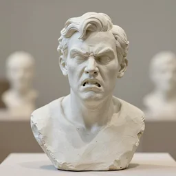 a white clay sculpture of an angry man by philippe faraut, bokeh, soft light