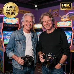 hall and oates in an arcade 1 9 8 8, ( sony a 7 r iv, symmetric balance, polarizing filter, photolab, lightroom, 4 k, dolby vision, photography awardm, voque, perfect face )