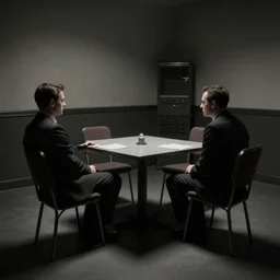 1 9 4 0 s interrogation room, film noir, set piece from the movie shadow of a doubt by alfred hitchcock, cinematic, hard shadows, minimalistic, recreated with unreal engine 5