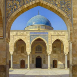High-Quality orientalist painting of the arches and dome of the Khan As'ad Pasha caravanserai in Damascus, very detailed, oil on canvas.