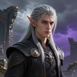 a slim male elf from dragon age, ancient ruins in background, storm sky, gradient gray to purple, art by rtgerm and nick thornborrow, concept art, digital portrait, high detailed, smooth, sharp focus illustration, volumetric light, artstation