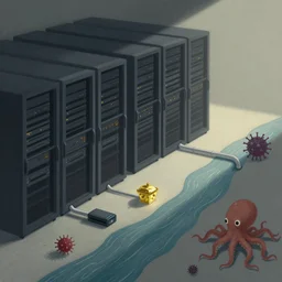 illustration of a data-center architecture or schema, security agent and little shiny treasure and little spiked viruses and little octopus, datapipeline or river, painting by Jules Julien and Lisa Frank and Peter Mohrbacher and Alena Aenami and Dave LaChapelle muted colors with minimalism