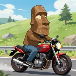 moai head riding a motorcycle, anime style featured on artstation