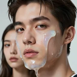 close up of gorgeous hyperrealistic male face melts like pearlescent ice cream, digital art masterpiece, highly detailed neo pop surrealism, jason limon kay sage hannah yata, dramatic lighting, medium shot, low angle, uhd 8 k, sharp focus