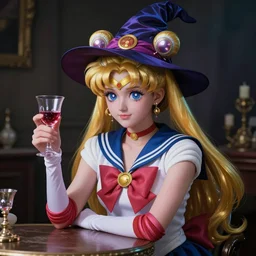 a mystical man with a goblet on the table, wizard hat, psychedelic, Sailor Moon style,