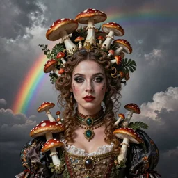 By Tom Bagshaw, photorealistic soft paint portrait of a beautiful female face in full long dress curiosities carnival with mushrooms, symmetry accurate features, very intricate details, focus, ominous sky, rainbow lighting, volumetric clouds, god rays
