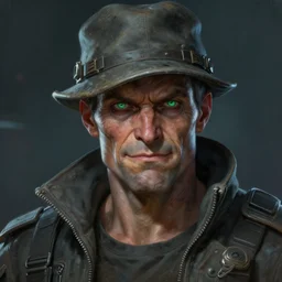 an intimate portrait of a gnarly human cyberpunk captain, old skin, faded hat, charming, strong leader, green eyes, a look of cunning, detailed matte fantasy painting