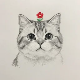 a pencil drawing of a cute cat, a little red flower on it head, 8 k