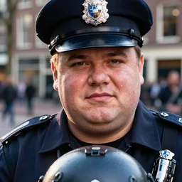 closeup portrait of fat police officer ground pound in an amsterdam street. natural light, sharp, detailed face, magazine, press, photo. steve mccurry, david lazar, canon, nikon, focus