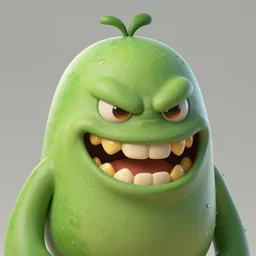 Plant monster with a menacing smile and amber teeth, green body, semi realistic, trending on art station