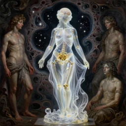 Beautiful full-body wax sculpture of a glowing transparent woman in glowing dress with visible gold bones and brain covered with melted white wax inside the singularity where stars becoming baroque folds of dark matter by Michelangelo da Caravaggio, Nicola Samori, William Blake, Alex Grey and Beksinski, dramatic volumetric lighting, highly detailed oil painting, 8k, masterpiece